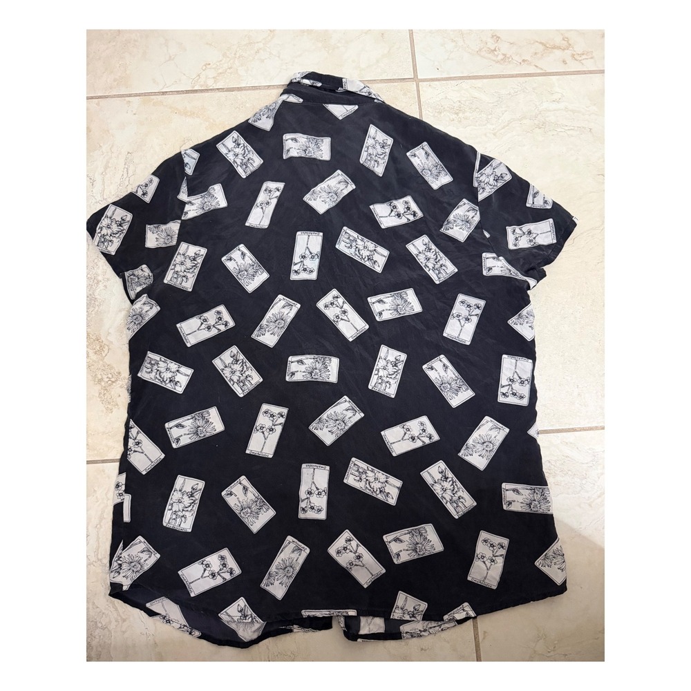 City Silk Womens 100% Silk Botanical Tarot Seed Packet Print Shirt Black Large - Picture 2 of 7
